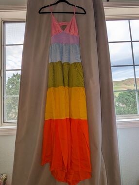 Popvil Rainbow Maxi Dress in Pink, Purple, Blue, Green, Yellow & Orange, size M
